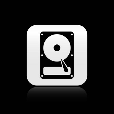 Siyah Sabit disk sürücüsü Siyah arka planda yalıtılmış Hdd simgesi. Gümüş kare düğme. Vektör İllüstrasyonu