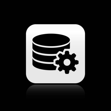 Siyah Ayar veritabanı sunucu simgesi siyah arka plan üzerinde yalıtılmış. Veritabanı Merkezi. Gümüş kare düğme. Vektör İllüstrasyonu