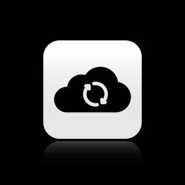 Siyah arka planda yalıtılmış Black Cloud eşitleme simgesi. Bulut ve oklar. Gümüş kare düğme. Vektör İllüstrasyonu
