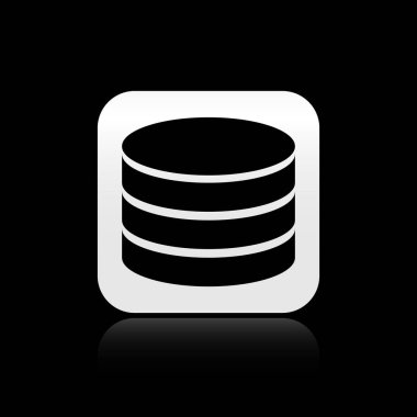 Siyah arka planda yalıtılmış siyah Veritabanı simgesi. Ağ veritabanları, ilerleme çubuğu olan disk. Yedekleme konsepti. Gümüş kare düğme. Vektör İllüstrasyonu