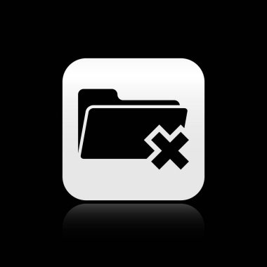 Siyah arka planda yalıtılmış Siyah Silme klasör simgesi. Geri dönüşüm kutusu ile klasör. Silme veya hata klasörü. Bilgisayar bilgileri klasörünü kapatın. Gümüş kare düğme. Vektör İllüstrasyonu