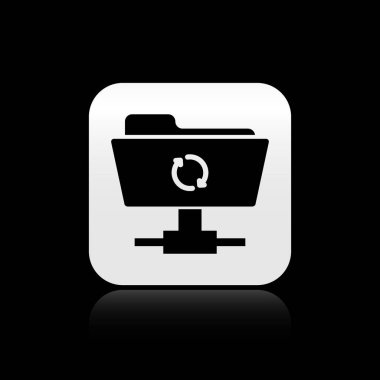 Siyah ftp eşitleme simgesi siyah arka planda yalıtılmış. Yazılım güncelleştirme, transfer protokolü, yönlendirici, takım çalışması araç yönetimi, kopyalama işlemi. Gümüş kare düğme. Vektör İllüstrasyonu