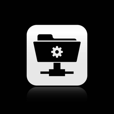 Siyah Ftp ayarları klasör simgesi siyah arka planda yalıtılmış. Yazılım güncelleştirme, transfer protokolü, yönlendirici, takım çalışması araç yönetimi, kopyalama işlemi. Gümüş kare düğme. Vektör İllüstrasyonu