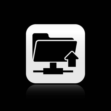 Siyah Ftp klasör yükleme simgesi siyah arka planda yalıtılmış. Yazılım güncelleştirme, transfer protokolü, yönlendirici, takım çalışması araç yönetimi, kopyalama işlemi. Gümüş kare düğme. Vektör İllüstrasyonu