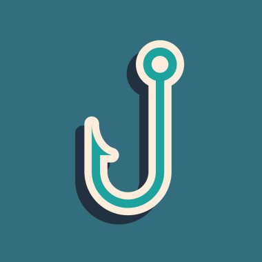 Yeşil Olta kancası simgesi mavi arka planda izole edilmiştir. Uzun gölge stili. Vektör İllüstrasyonu