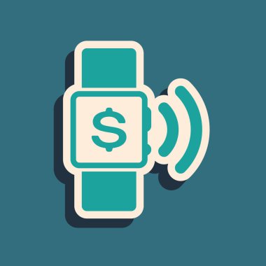 Mavi arka planda yalıtılmış Yeşil Temassız ödeme simgesi. Kablosuz temassız işlemler yapan nfc teknolojisine sahip smartwatch. Uzun gölge stili. Vektör İllüstrasyonu