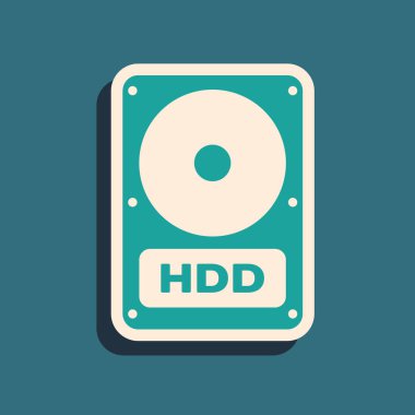 Yeşil Sabit disk sürücüsü Mavi arka planda yalıtılmış Hdd simgesi. Uzun gölge stili. Vektör İllüstrasyonu