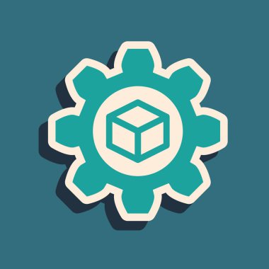 Yeşil Ürün geliştirme simgesi mavi arka planda yalıtılmış. Dişli ve küp. Başlangıç koleksiyonundan ürün geliştirme sembolü tasarımı. Uzun gölge stili. Vektör İllüstrasyonu