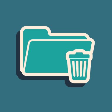 Mavi arka planda yalıtılmış Yeşil Silme klasör simgesi. Geri dönüşüm kutusu ile klasör. Silme veya hata klasörü. Bilgisayar bilgileri klasörünü kapatın. Uzun gölge stili. Vektör İllüstrasyonu