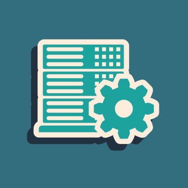 Mavi arka planda yalıtılmış Yeşil Sunucu ayarı simgesi. Uzun gölge stili. Vektör İllüstrasyonu