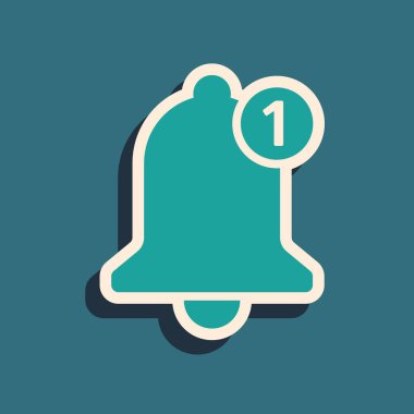 Mavi arka planda yalıtılmış Yeşil Çan simgesi. Yeni Bildirim simgesi. Yeni ileti simgesi. Uzun gölge stili. Vektör İllüstrasyonu