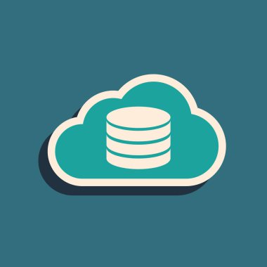 Mavi arka planda yalıtılmış Yeşil Bulut veritabanı simgesi. Bulut bilgi işlem konsepti. Veri aktarımı ile dijital hizmet veya uygulama. Uzun gölge stili. Vektör İllüstrasyonu