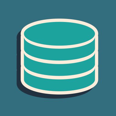 Mavi arka planda yalıtılmış Yeşil Veritabanı simgesi. Ağ veritabanları, ilerleme çubuğu olan disk. Yedekleme konsepti. Uzun gölge stili. Vektör İllüstrasyonu
