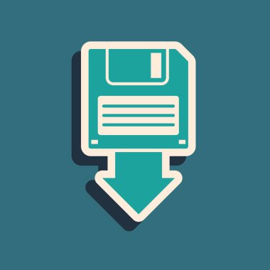 Mavi arka planda yalıtılmış Yeşil Disket disk yedekleme simgesi. Disket işareti. Uzun gölge stili. Vektör İllüstrasyonu