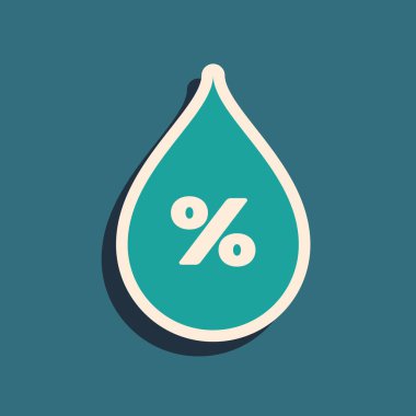 Mavi arka planda yalıtılmış Yeşil Su bırakma yüzdesi simgesi. Nem analizi. Uzun gölge stili. Vektör İllüstrasyonu