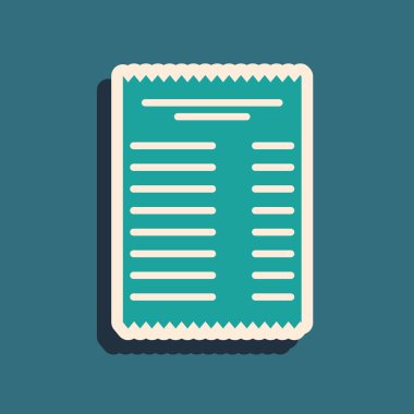 Yeşil Kağıt kontrol ve mali kontrol simgesi mavi arka plan üzerinde izole. Kağıt baskı çeki, mağaza makbuzu veya fatura. Uzun gölge stili. Vektör İllüstrasyonu