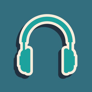 Mavi arka planda yalıtılmış Yeşil Kulaklık simgesi. Kulaklık işareti. Müzik, servis, iletişim ve operatör dinleme için kavram nesnesi. Uzun gölge stili. Vektör İllüstrasyonu
