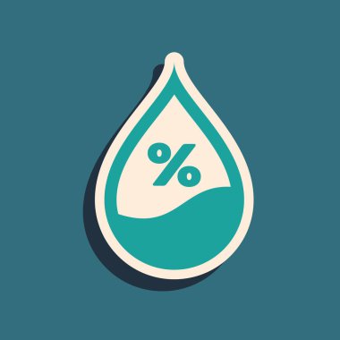 Mavi arka planda yalıtılmış Yeşil Su bırakma yüzdesi simgesi. Nem analizi. Uzun gölge stili. Vektör İllüstrasyonu