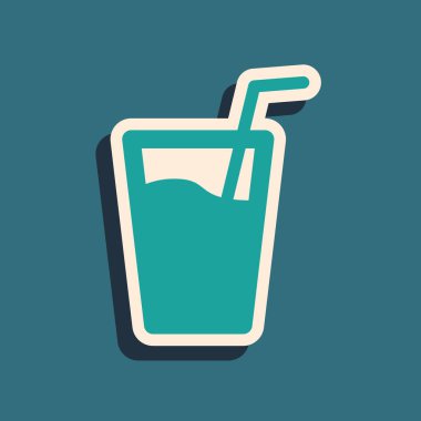 Yeşil Cam su ve tüp içme simgesi mavi arka plan üzerinde izole için. Soda camı. Uzun gölge stili. Vektör İllüstrasyonu