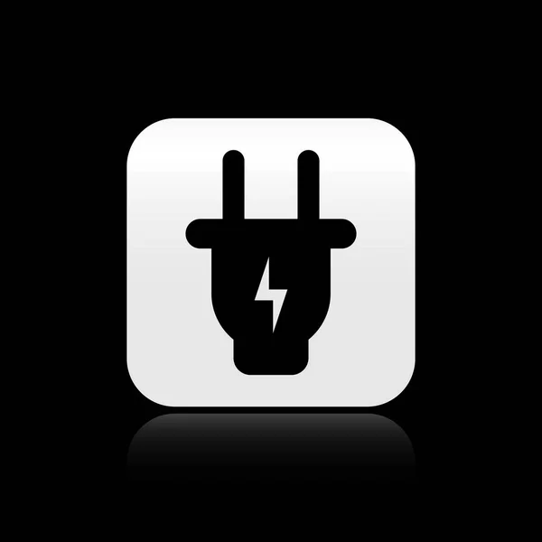 Icono de enchufe eléctrico negro aislado sobre fondo negro. Concepto de conexión y desconexión de la electricidad. Botón cuadrado plateado. Ilustración vectorial — Vector de stock