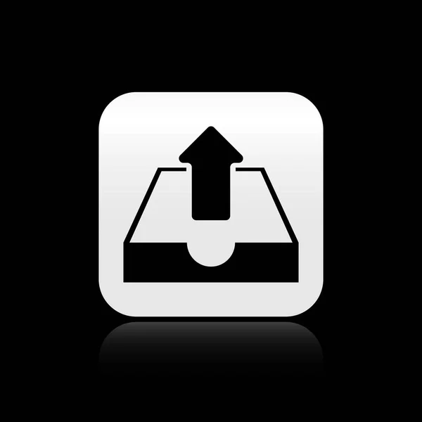 Ícone de caixa de entrada Black Upload isolado no fundo preto. Botão quadrado de prata. Ilustração vetorial — Vetor de Stock