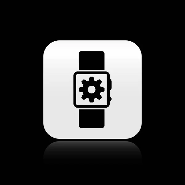 Icono de ajuste de reloj inteligente negro aislado sobre fondo negro. Configuración de reloj inteligente. Botón cuadrado plateado. Ilustración vectorial — Archivo Imágenes Vectoriales