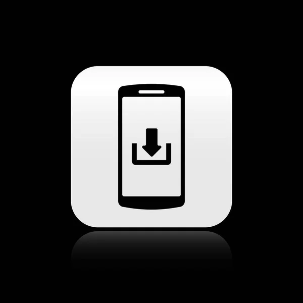 Smartphone negro con icono de descarga aislado sobre fondo negro. Botón cuadrado plateado. Ilustración vectorial — Vector de stock