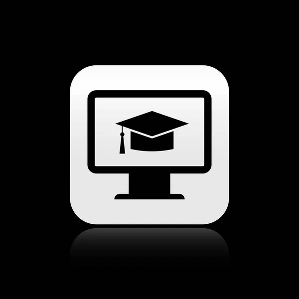 Moniteur d'ordinateur noir avec icône de chapeau de graduation isolé sur fond noir. Concept d'apprentissage en ligne ou d'apprentissage en ligne. Symbole de connaissance Internet. Bouton carré argenté. Illustration vectorielle — Image vectorielle