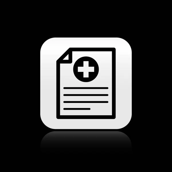 黒の背景に隔離された臨床記録アイコンが付いている黒い医学のクリップボード。健康保険証書処方箋、健康診断書シルバーの正方形のボタン。ベクトルイラストレーション — ストックベクタ