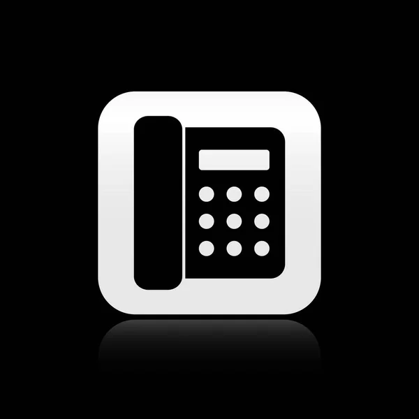 Schwarzes Telefonsymbol isoliert auf schwarzem Hintergrund. Festnetztelefon. Silberner quadratischer Knopf. Vektorillustration — Stockvektor