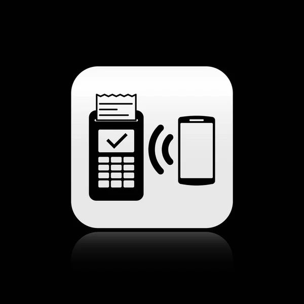 Terminal POS preto com reciept impresso e confirma o pagamento pelo ícone do smartphone isolado no fundo preto. Conceito de pagamento NFC. Botão quadrado de prata. Ilustração vetorial — Vetor de Stock