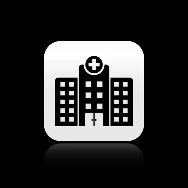 Чорна медична лікарня з перехресної іконою, ізольованою на чорному фоні. Медичний центр. Охорона здоров'я. Срібна квадратна кнопка. Векторна ілюстрація — стоковий вектор