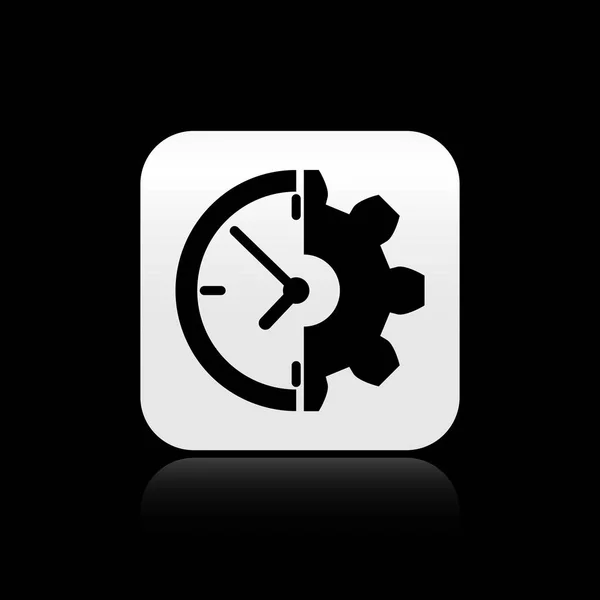 黒い時計とギアアイコンは、黒の背景に隔離されています。時間管理シンボル。ビジネスコンセプト。シルバーの正方形のボタン。ベクトルイラストレーション — ストックベクタ