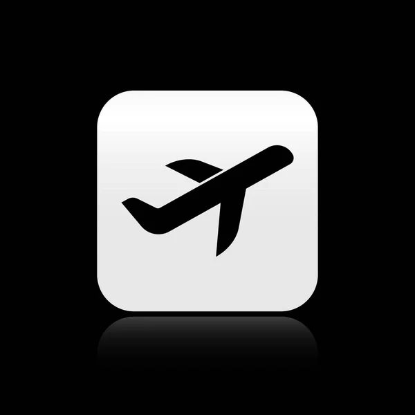 Siyah arka planda yalıtılmış siyah Düzlem simgesi. Uçan uçak simgesi. Uçak işareti. Gümüş kare düğme. Vektör İllüstrasyonu — Stok Vektör