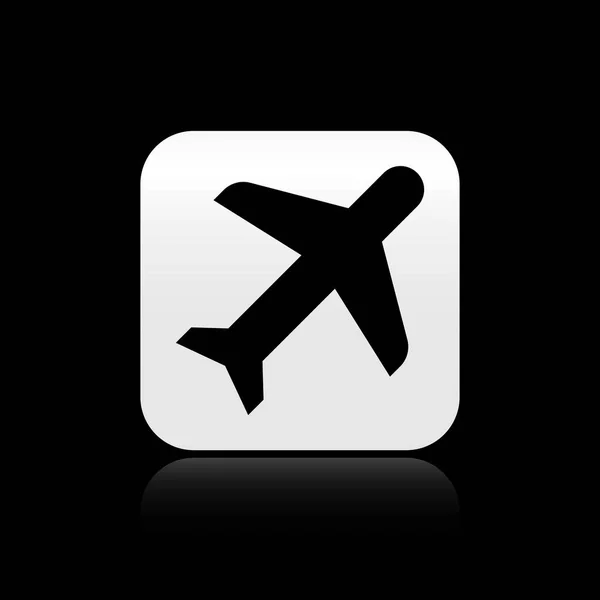 Black Plane icon isolated on black background. Flying airplane icon. Airliner sign. Silver square button. Vector Illustration — Stock Vector