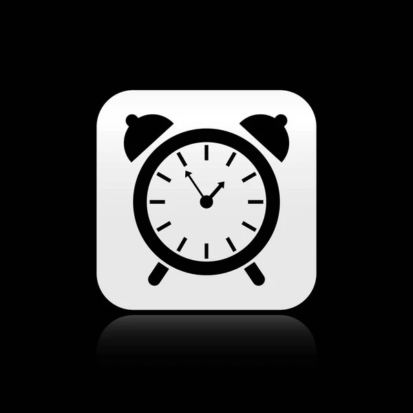 Zwart alarm klokpictogram geïsoleerd op zwarte achtergrond. Wakker worden, opstaan concept. Tijd teken. Zilveren vierkante knop. Vector illustratie — Stockvector