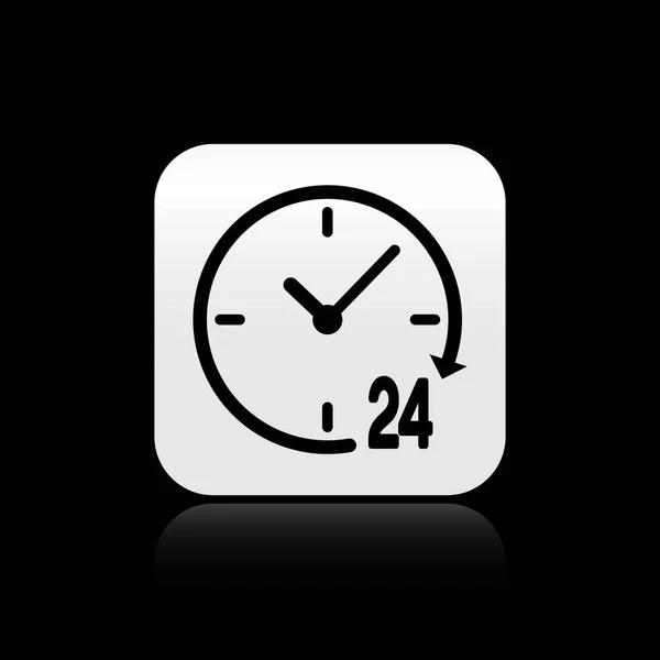 黒い時計24時間アイコンは、黒の背景に隔離されています。一日中周期的なアイコン。24時間サービスシンボル。シルバーの正方形のボタン。ベクトルイラストレーション — ストックベクタ