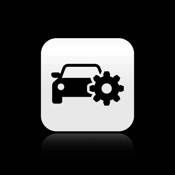 Icono de servicio Black Car aislado sobre fondo negro. Servicio mecánico automático. Servicio mecánico. Servicio de reparación mecánico de automóviles. Signo de mantenimiento. Botón cuadrado plateado. Ilustración vectorial — Vector de stock