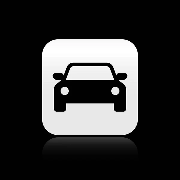 Icono de coche negro aislado sobre fondo negro. Botón cuadrado plateado. Ilustración vectorial — Vector de stock