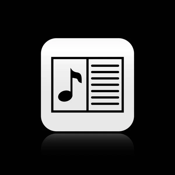 Livro de música preta com ícone de nota isolado no fundo preto. Folha de música com estaca de notas. Caderno de notas musicais. Botão quadrado de prata. Ilustração vetorial —  Vetores de Stock