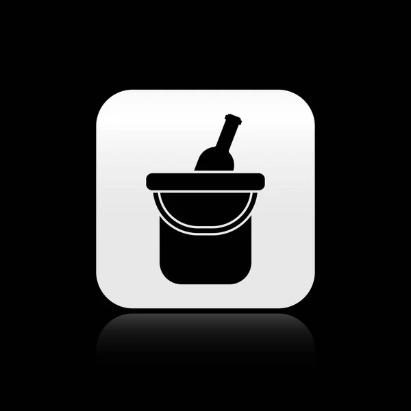 Black Bottle of wine in an ice bucket icon isolated on black background. Silver square button. Vector Illustration — Stock Vector