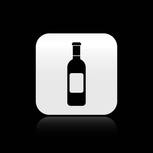 Schwarze Flasche Wein Symbol isoliert auf schwarzem Hintergrund. Silberner quadratischer Knopf. Vektorillustration — Stockvektor
