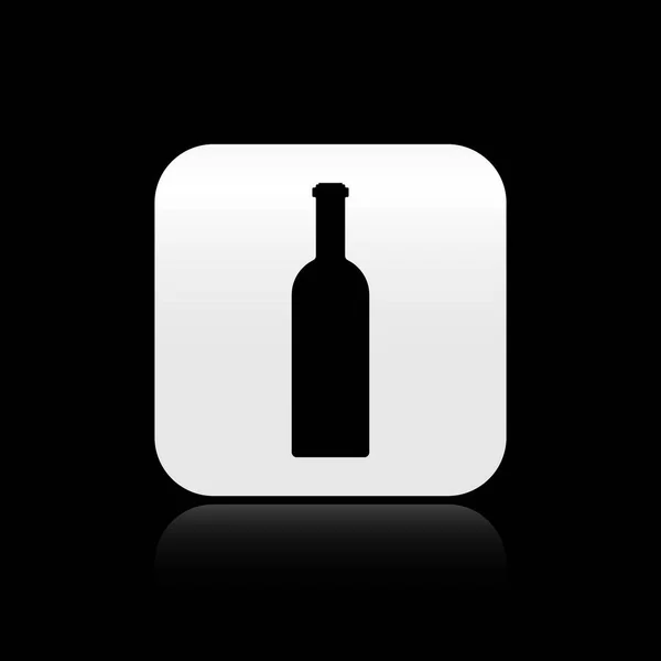 黒い背景に隔離されたワインアイコンの黒いボトル。シルバーの正方形のボタン。ベクトルイラストレーション — ストックベクタ