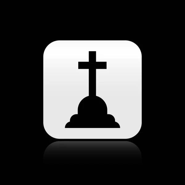 Black Tombstone with cross icon isolated on black background. Grave icon. Silver square button. Vector Illustration — Stock Vector