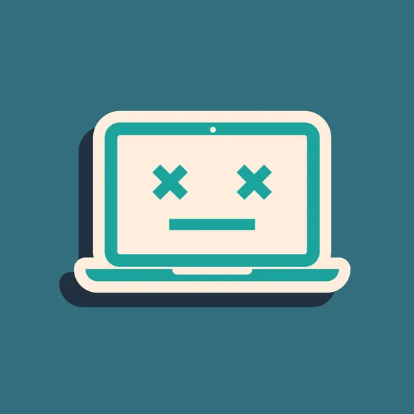 Yeşil Ölü dizüstü bilgisayar simgesi mavi arka planda yalıtılmış. Ölü emoji ile dizüstü bilgisayar gibi 404 hata. Pc sisteminde ölümcül hata. Uzun gölge stili. Vektör İllüstrasyonu