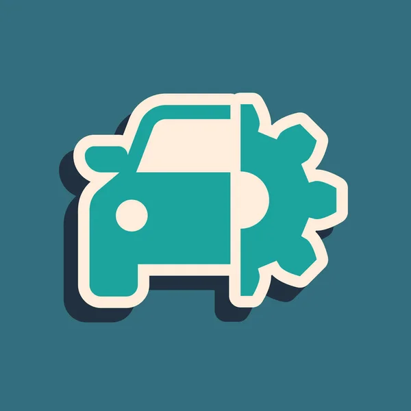 Green Car Service icoon geïsoleerd op blauwe achtergrond. Auto mechanic service. Monteur service. Reparatie service automonteur. Onderhouds teken. Lange schaduwstijl. Vector illustratie — Stockvector