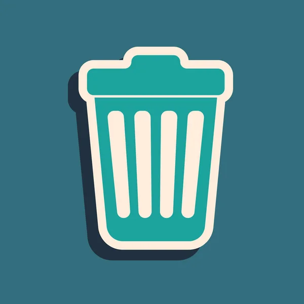 Green Trash can icon isolated on blue background. Garbage bin sign. Long shadow style. Vector Illustration — Stock Vector