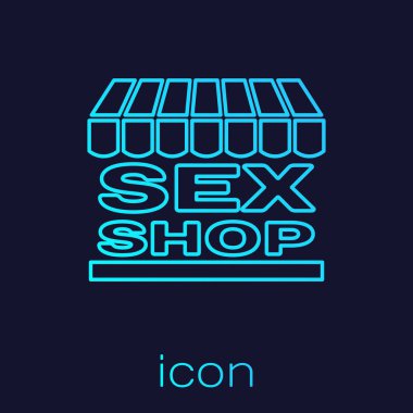 Mavi arka planda izole çizgili tente simgesi ile turkuaz çizgi Sex Shop binası. Seks Dükkanı, online seks mağazası, Yetişkin Erotik ürünler kavramı. Vektör Illustration