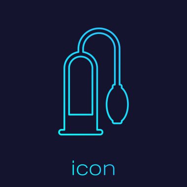 Turquoise line Penis pump icon isolated on blue background. Penis enlarger. Sex toy for men. Vacuum pump with a blower to increase the penis. Vector Illustration