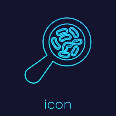 Mavi arka planda izole Büyüteç simgesi altında turkuaz çizgi mikroorganizmalar. Bakteri ve mikroplar, hücre kanseri, mikrop, virüs, mantar. Vektör Illustration